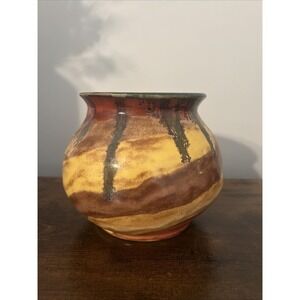 Signed FM Studio Pottery Vase Bowl Drip Glaze Earth Tone Hand Thrown Art Pottery